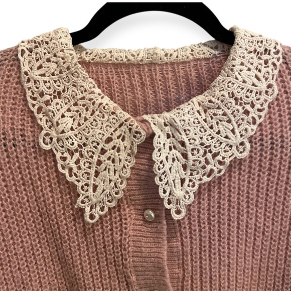 Pink Cropped Cardigan Pearl Button Lace Collar Coquette Cottagecore Womens Small - Picture 2 of 5